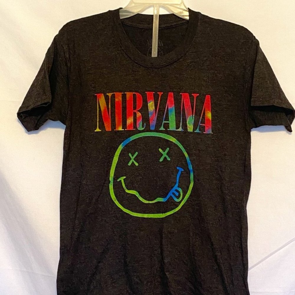 NIRVANA ~ Mens Dark Gray Graphic Spell Out ~ Smiley Face Cotton T-Shirt ~Sz.S